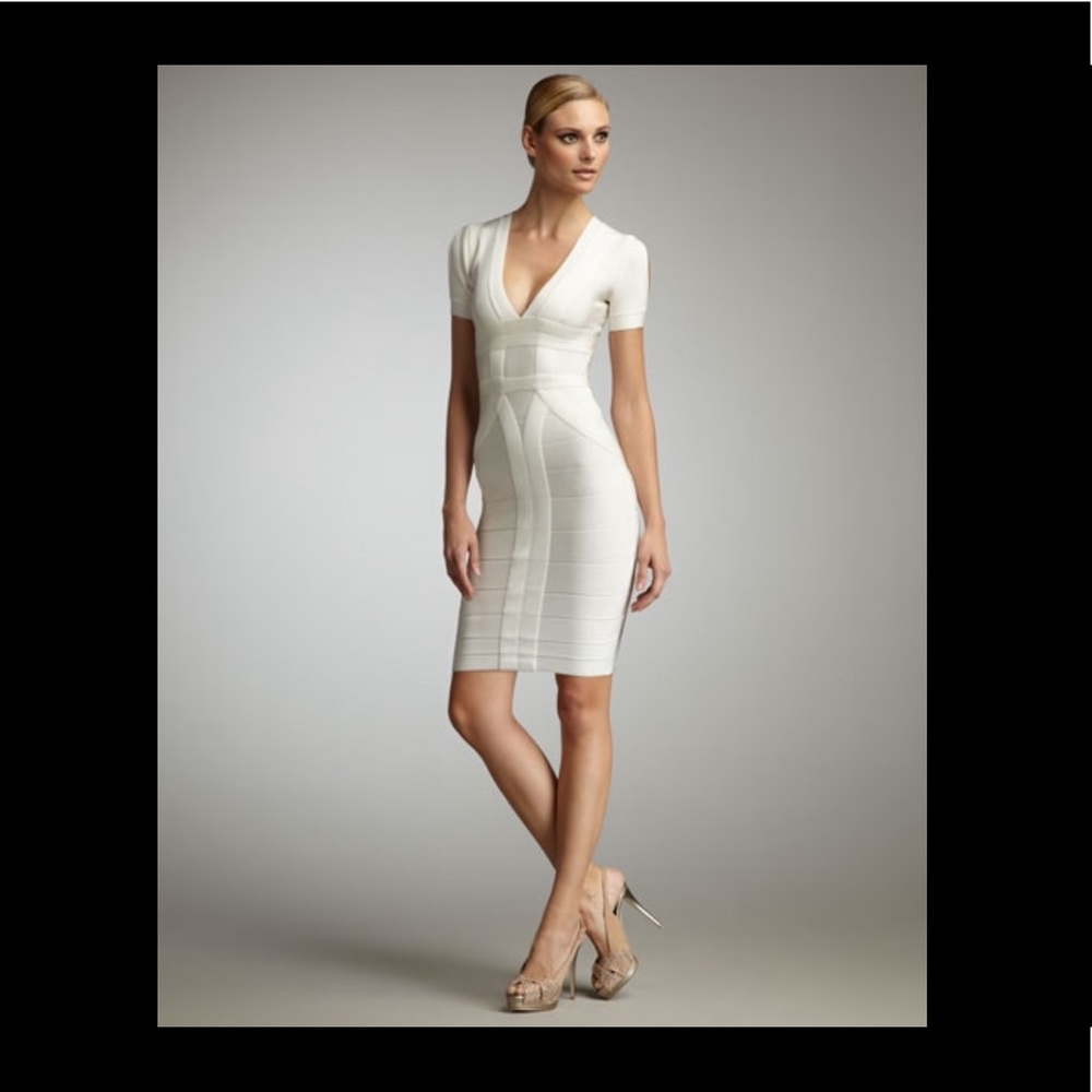 Herve Leger White Short Sleeve Bandage Dress - Size S
